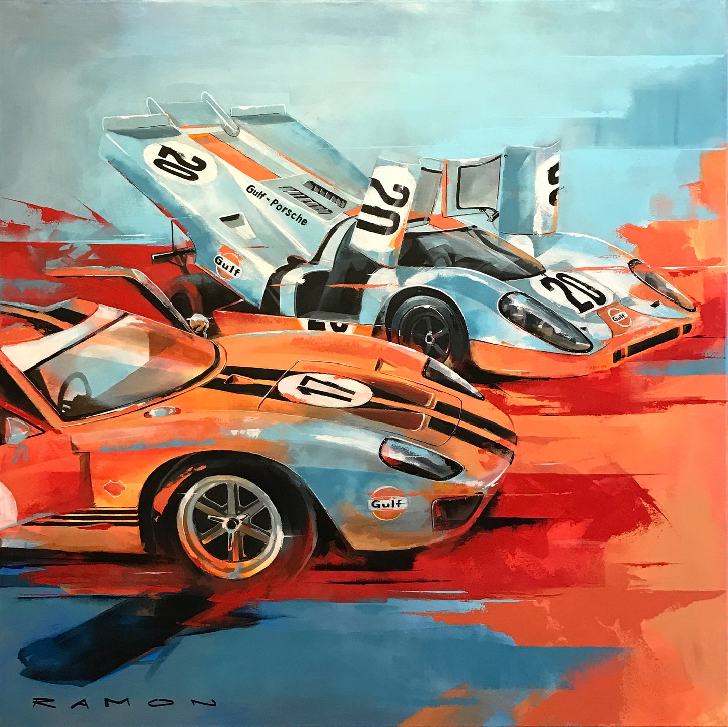 Ramon Bäurle "LEGENDS OF LEMANS: PORSCHE VS FORD" 100x100cm